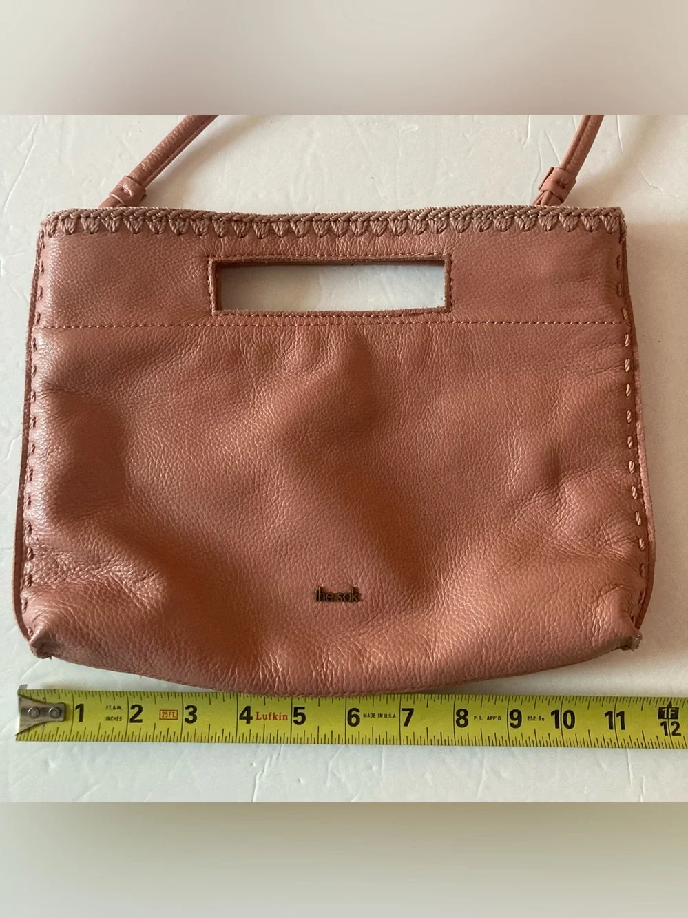 The Sak coral lite pink Leather Cutout-Handle Crossbody Clutch Hand Stitched